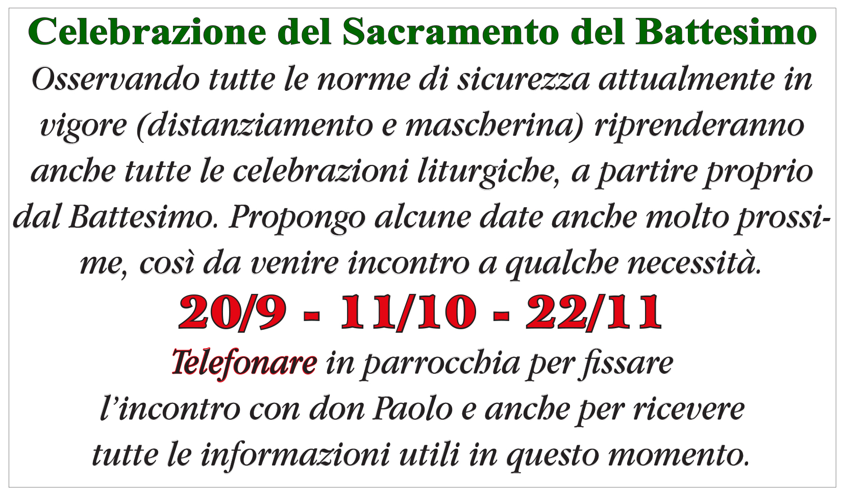 Date battesimi set ott nov 2020