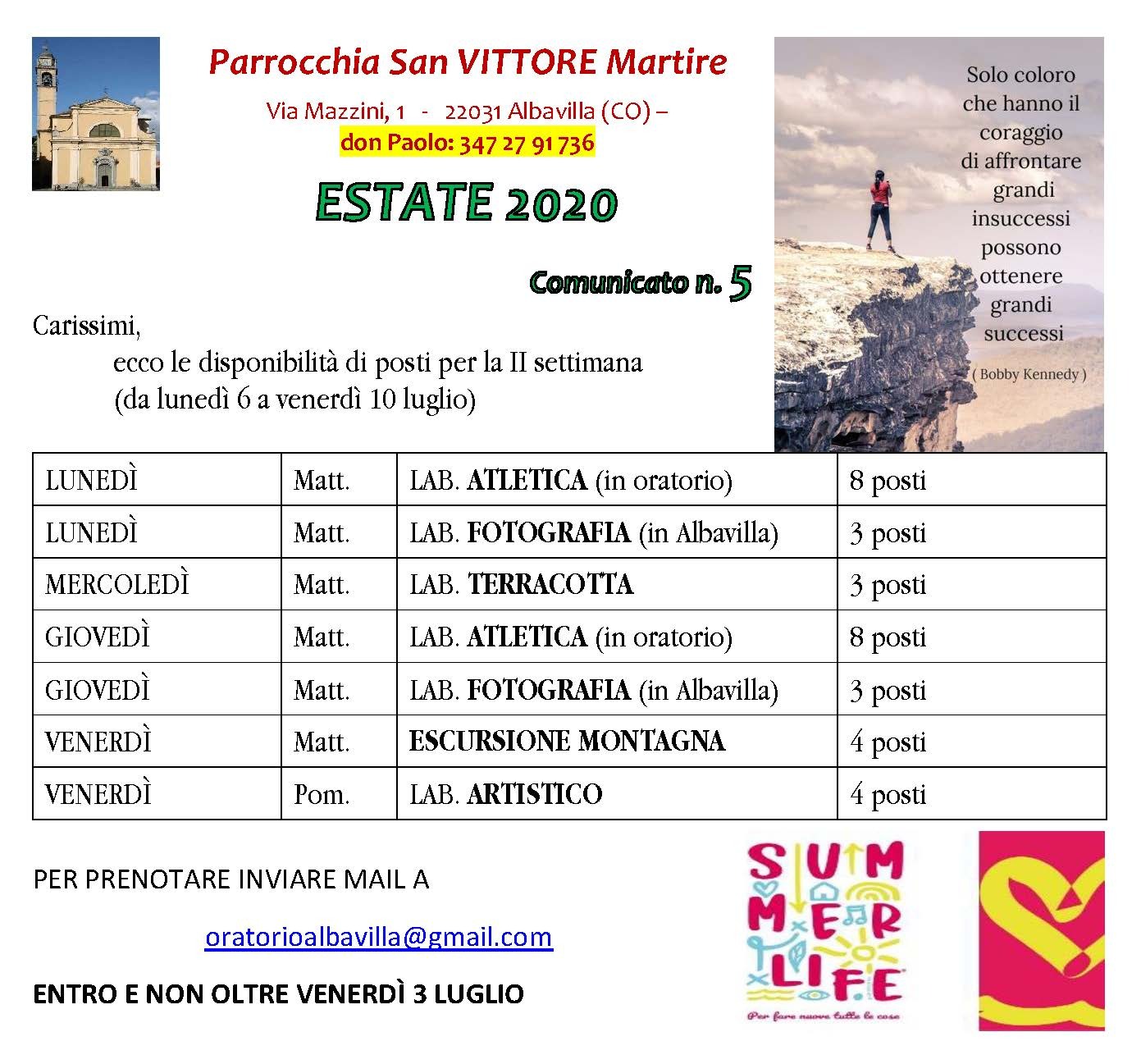 Comunicato seconda settimana summarlife 2020