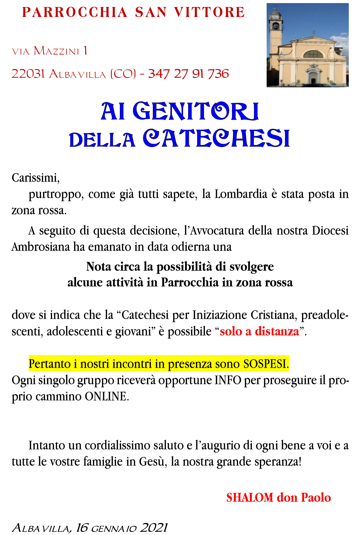 SOSPENSIONE CATECHESI x zona rossa gennaio 2021